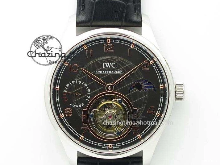 MIROTIME 0204 Portuguese Tourbillon Power Reserve Moonphase SS Black Dial Gold Numbers On Black Leather Strap RelaxedFit 7320